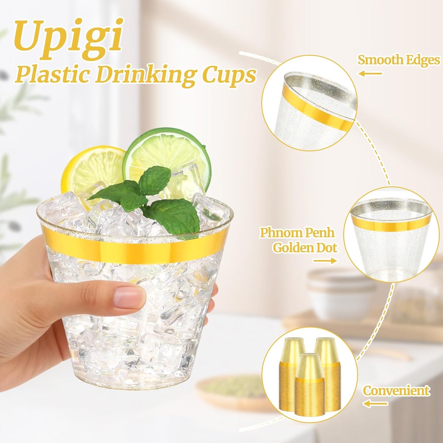 100 Pcs 9oz Glitter Gold Plastic Cups,9Oz Gold Rimmed Plastic Cups With Glitter Golden,Heavy Duty Clear Disposable Plasitc Cocktail Tumblers Wine Cup for Party,Wedding,Birthday,Christmas