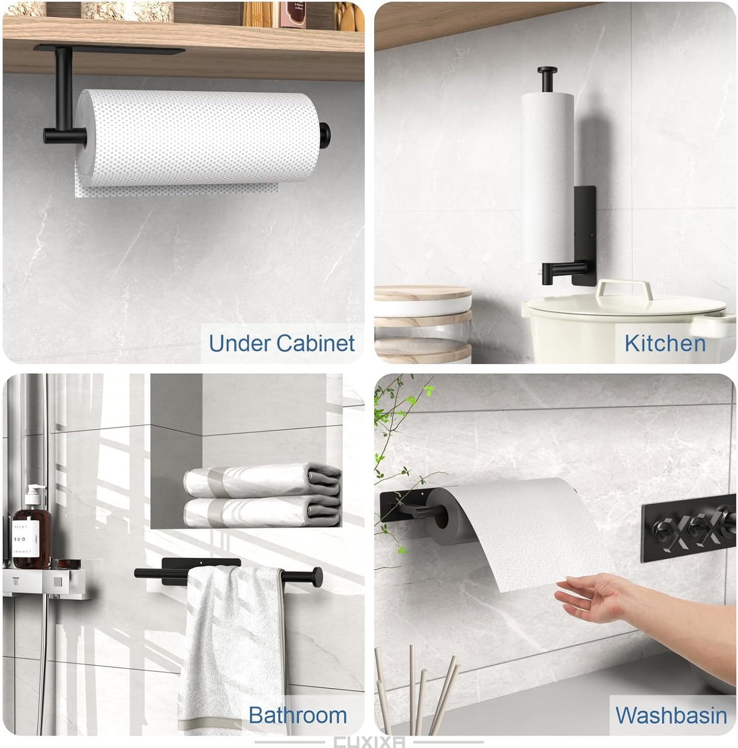 Paper Towel Holder Under Cabinet 2 Pack, Under Counter Paper Towel Holder Wall Mount with Self Adhesive and Screws for Kitchen, Bathroom, RV(Stainless Steel, Black)