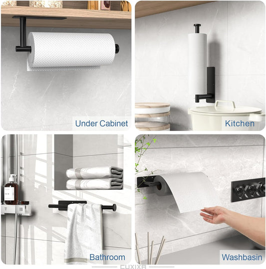 Paper Towel Holder Under Cabinet 2 Pack, Under Counter Paper Towel Holder Wall Mount with Self Adhesive and Screws for Kitchen, Bathroom, RV(Stainless Steel, Black)