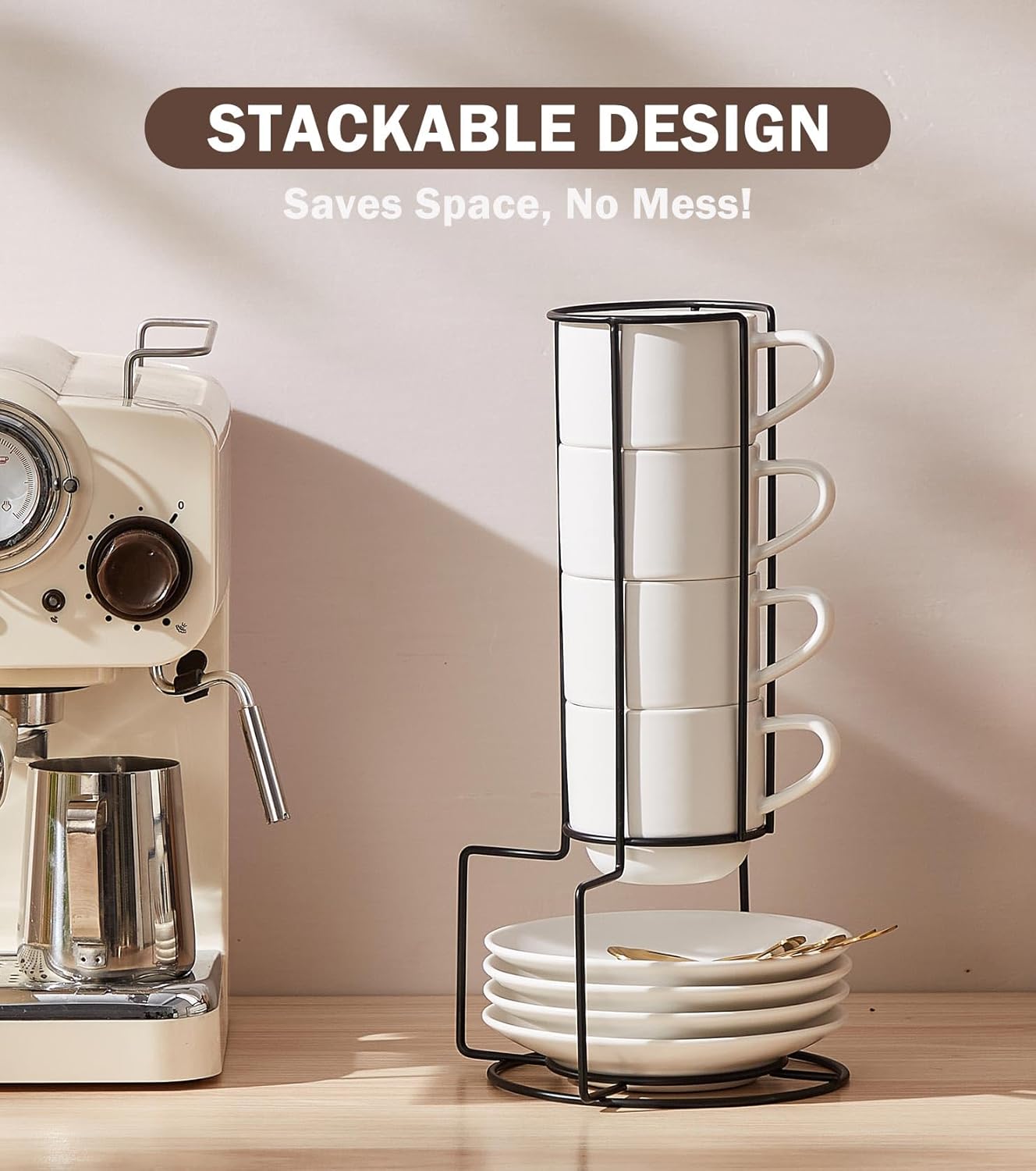 Lareina 8 Ounce Porcelain Cappuccino Cups Set of 4, Stackable Coffee Cups with Saucers, Spoons and Metal Stand -for Specialty Coffee Drinks, Cappuccino, Latte, Americano and Tea, White