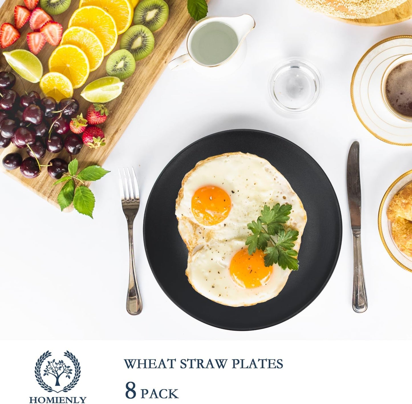 Homienly Dinner Plates Set of 8 Unbreakable Wheat Straw Plates with Textured Design - Microwave & Dishwasher Safe - Perfect for Camping, Kitchen Use - Black, 9 inch