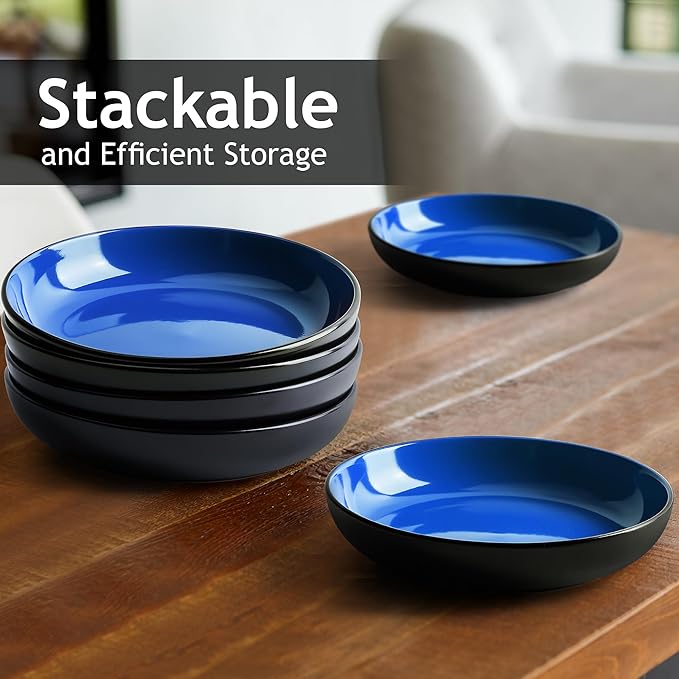 MIAMIO – 30 Oz / 8.6 Inch Set of 6 Pasta Bowls/Salad Bowls, Pasta Plates Wide and Shallow Bowl, Large Ceramic Stoneware Deep Plate Serving Soup - Le Papillon Collection (Blue)