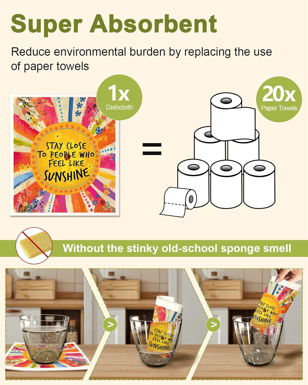 6 Pack Swedish Dishcloths for Kitchen - Reusable Dish Cloths for Washing Dishes Absorbent Cute Funny Kitchen Towels Cleaning Sponge, Positive Words