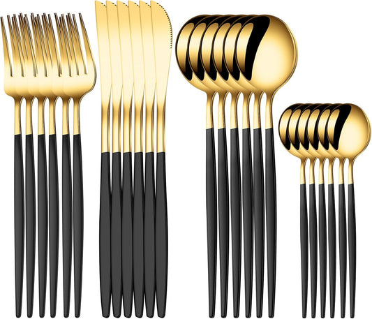24 PCS Gold Silverware Set, Food-Grade Stainless Steel Flatware Set for 6, Cutlery Set Tableware with Black Handle, Steak Knives Forks and Spoons, Utensil Sets for Home Restaurant Hotel