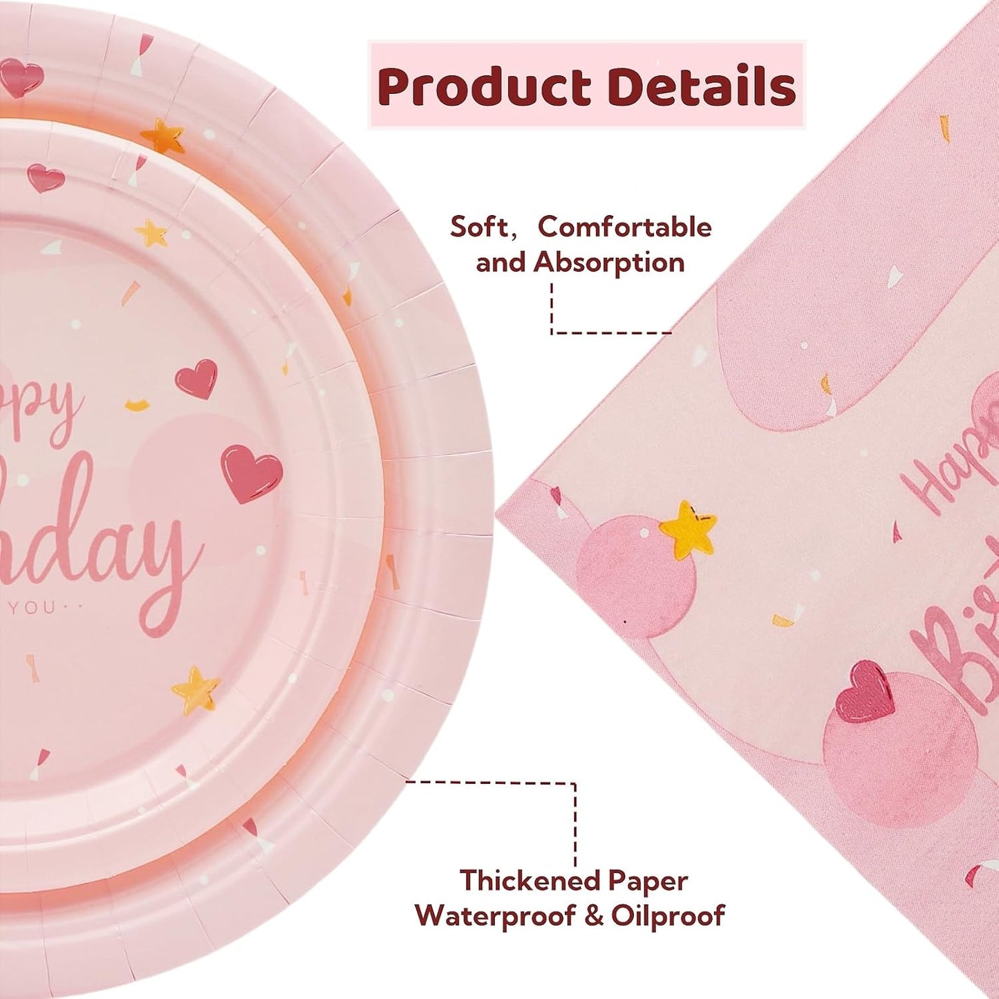 Birthday Party Tableware Set - 250PCS Party Supplies Pink Heart Disposable Paper Plates Dinnerware Set Pink Dinner Dessert Plates Cups Napkins Plastic Forks for 50 Guests