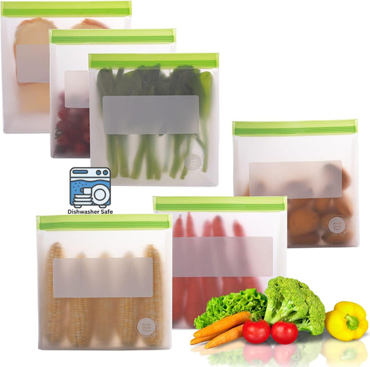 Reusable Food Storage Bags – 6-Pack Stand-Up, BPA-Free, Freezer, Dishwasher Safe & Eco-Friendly – 6 Gallon Bags – Airtight Leakproof, Organization and Storage Baggies (Multicolor (Green))