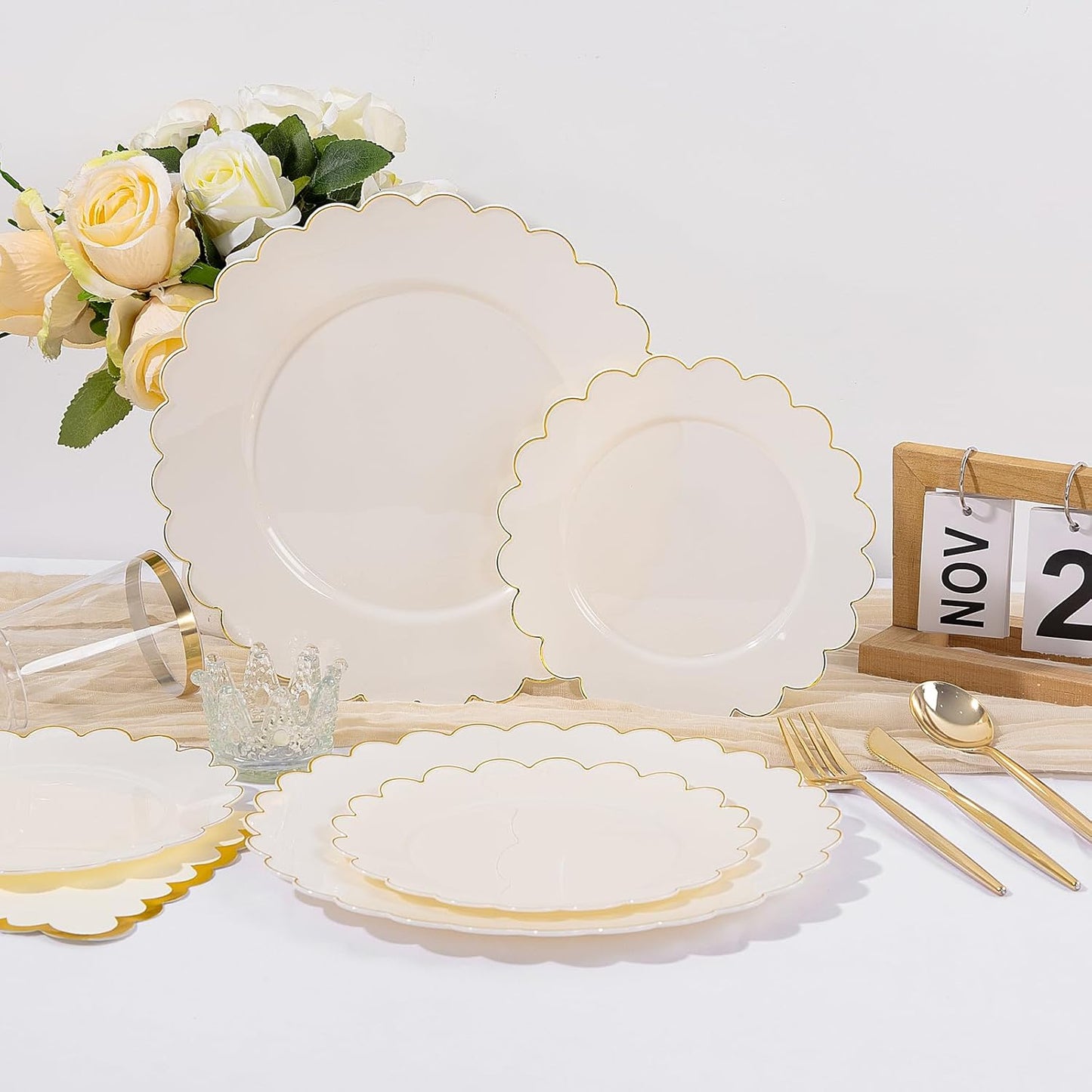WONDERFUL 351pcs Ivory Plastic Plates - Upgrade Gold Plastic Dinnerware set Includes 100 Disposable Plates 150 Gold Silverware 50 Cups 50 Wedding Napkins 1 Table Runner for Wedding & High End Party