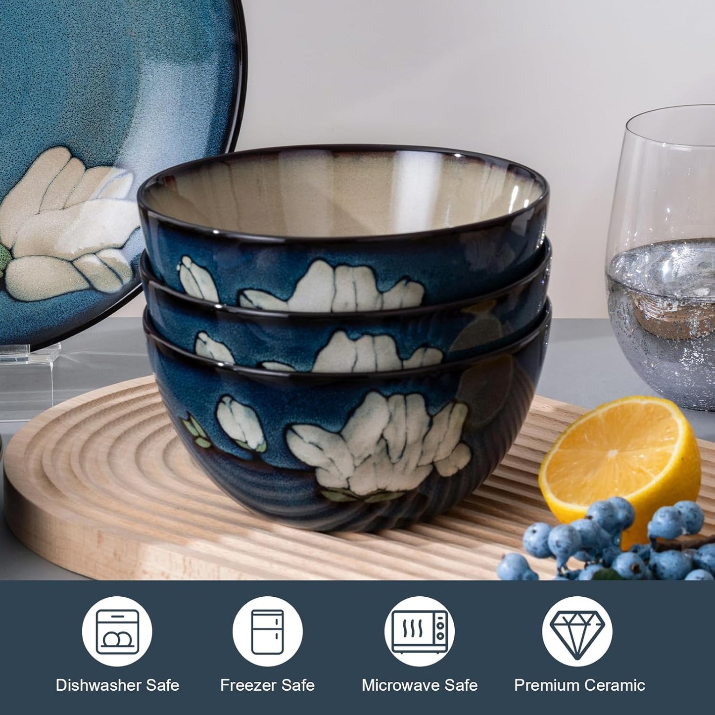 Dinnerware Set Blue Stoneware 12 Pieces Service for 4, Stoneware Plates and Bowls Set Highly Chip and Crack Resistant Stoneware Set, Dishwasher Microwave Safe Dishes set