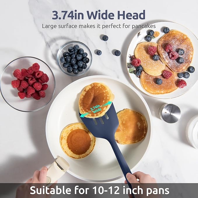 600ºF Heat Resistant Slotted Turner: U-Taste 13.6" Silicone Kitchen Spatula Flipper, 3.74in Wide Food Grade Flexible Rubber Cooking Utensil for Egg, Pancake, Cookie, Nonstick Cookware-Midnight Blue
