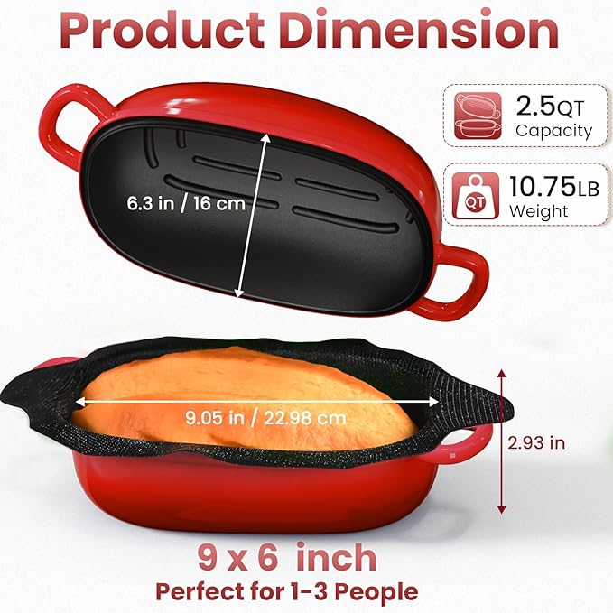 Cast Iron Dutch Bread Oven - 2.5QT Dutch Oven for Sourdough Bread Baking, Cast Iron Bread Loaf Pan with Perforated Non-Stick Silicone Liner, Blue Oval Bread Baking Pan, Gift for Family & Baker,Red