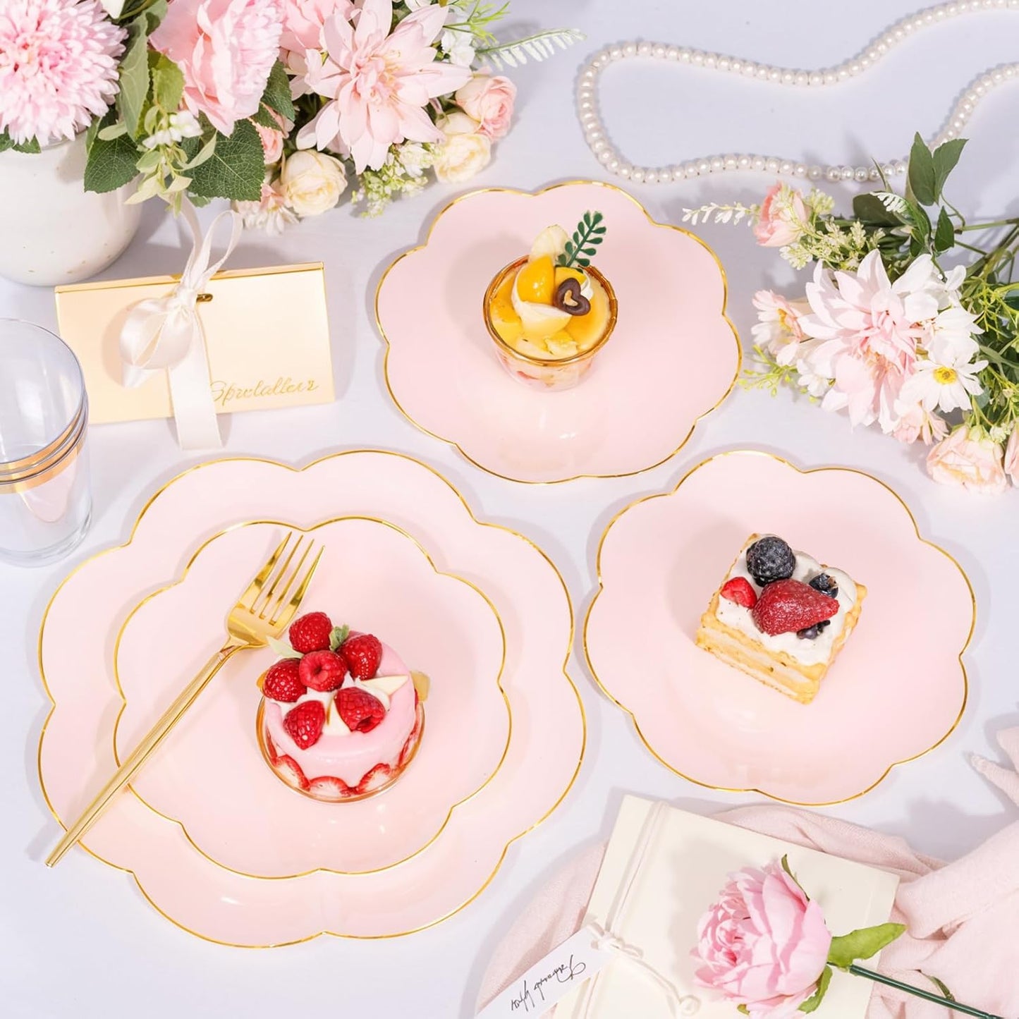 EI 180pcs Pink Plastic Plates with Gold Plastic Silverware,Party Plates Disposable,Pink Dinnerware Set for Afternoon Tea,Wedding,Birthday,Easter