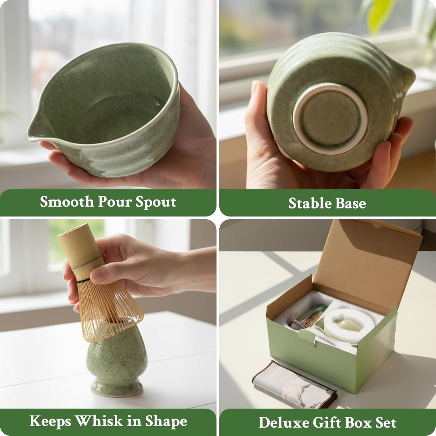 Matcha Whisk Set - Ceramic Matcha Set Includes Matcha Bowl, Whisk and Holder, Bamboo Scoop, Scoop Rest, Sifter and Tea Towel - 7 Pcs Ceremonial Gift Kit for Matcha Lovers (Pure Green)