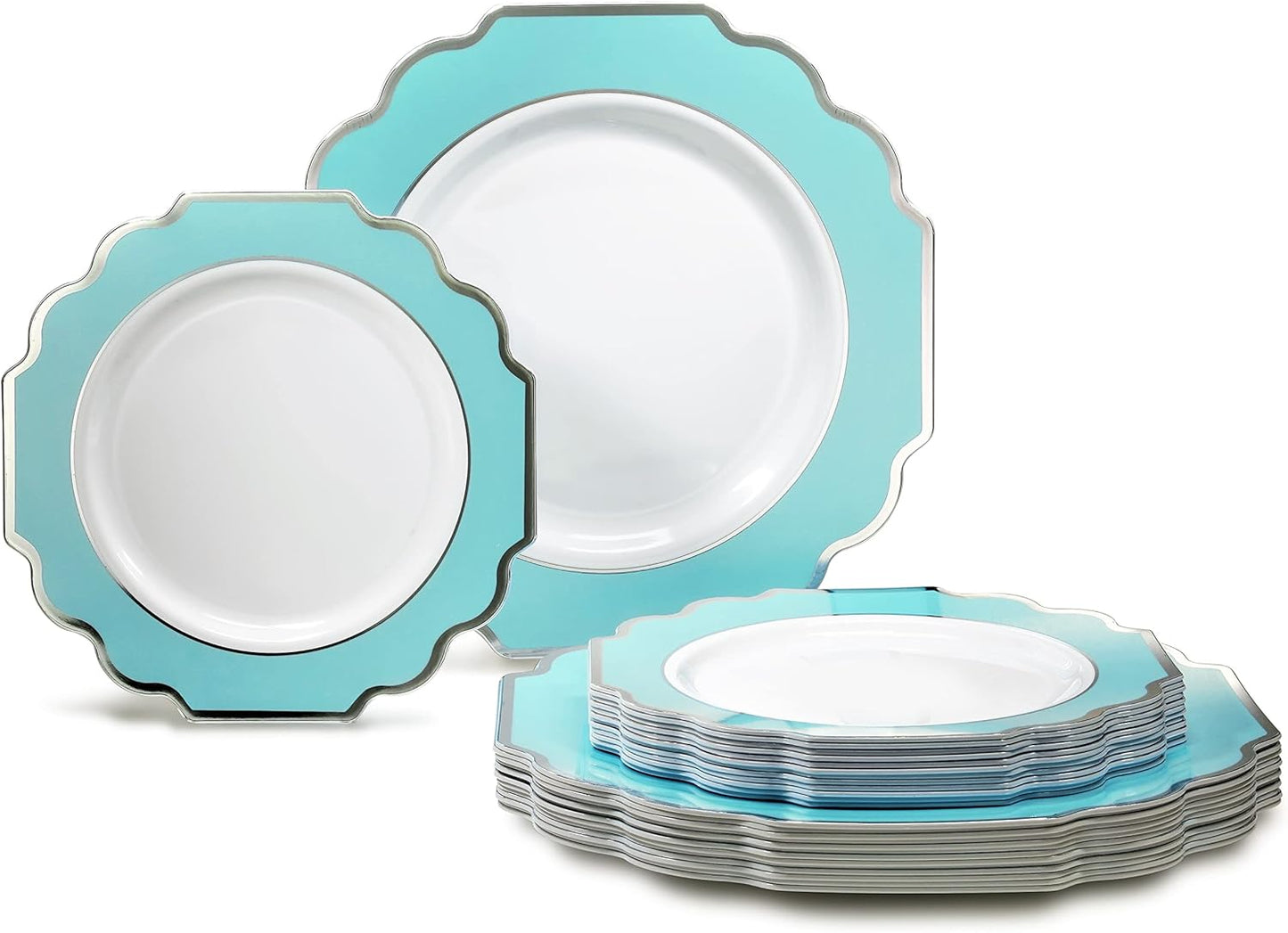 " OCCASIONS " 50 Plates Pack (25 Guests)-Heavyweight Wedding Party Disposable Plastic Plate Set -(25x10.5'' Dinner + 25x8'' Salad/dessert (Imperial Aqua & Silver)
