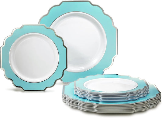 " OCCASIONS " 50 Plates Pack (25 Guests)-Heavyweight Wedding Party Disposable Plastic Plate Set -(25x10.5'' Dinner + 25x8'' Salad/dessert (Imperial Aqua & Silver)