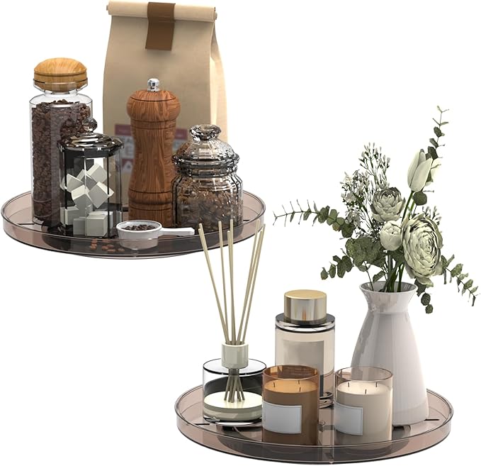 2 Pack Decorative Trays, Brown Round Rotating Organizer Tray for Table Top, Cabinet, 9 Inch Turntable Non-Skid Fridge Lazy Susan, Kitchen Storage for Coffee Table Counter Vanity Bathroom