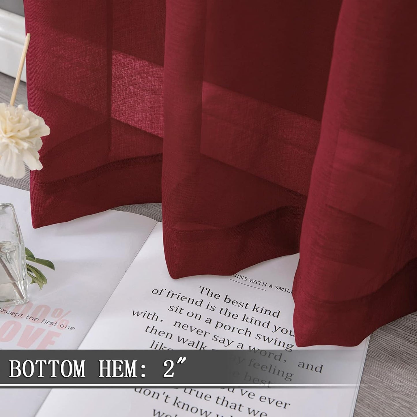 Tollpiz Sheer Tier Curtain Linen Textured Half Kitchen Curtains Sheer Light Filtering Rod Pocket Voile Small Curtains for Bathroom, 25 x 36 inches Long, Burgundy Red, Set of 2 Panels