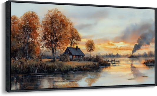 QZQCBLC Large Canvas Wall Art, Sunset Clouds Tree Cabin Landscape Pictures Lake View Farmhouse Orange Tone Painting Framed Artwork for Living room Bedroom kitchen Home Office Decor 29x58 IN