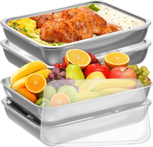 4 Pcs Stainless Steel Food Storage Containers with Lids, Stackable Meal Prep Food Containers Reusable Hotel Pans for Restaurant Kitchen Freezer Buffet