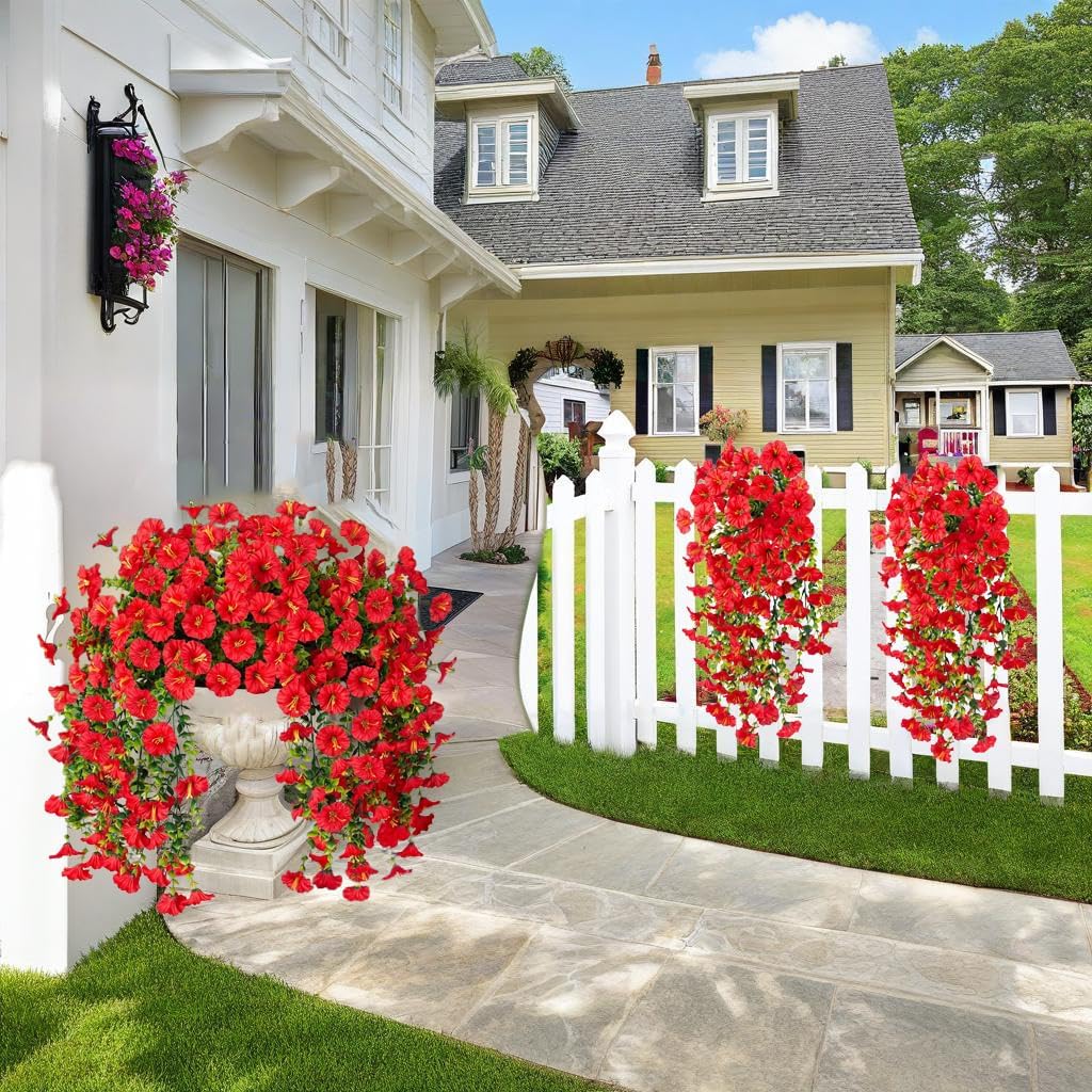 Jasion 4 Bundles Artificial Hanging Flowers Outdoor Realistic Morning Glory Silk Fake Plants UV Resistant for Porch Balcony Fence Decor (Red)