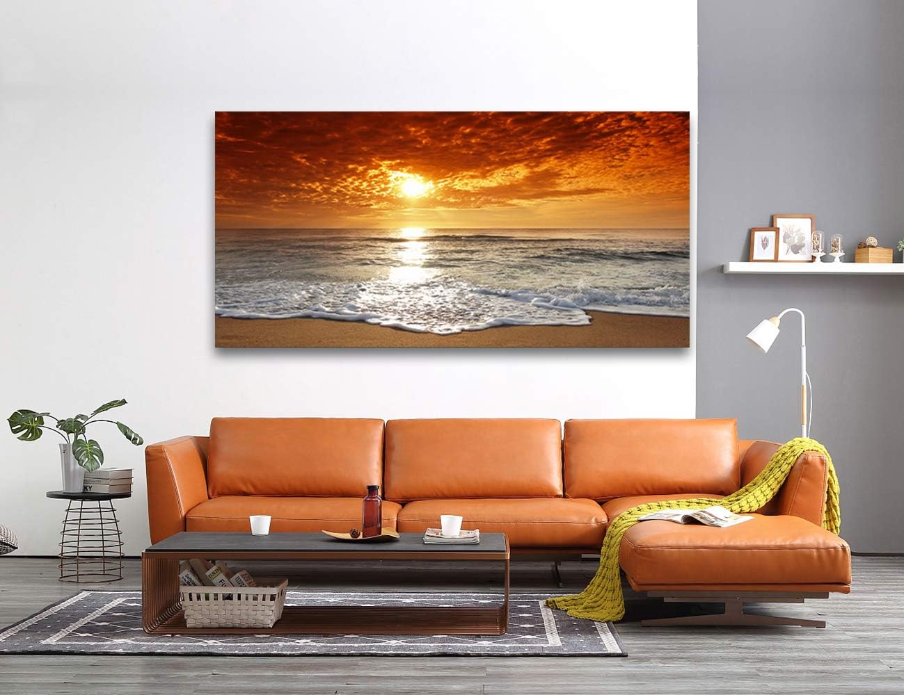 Muolunna S04675 Canvas Prints Wall Art Sunset Ocean Beach Pictures Paintings for Living Room Bedroom Home Decorations Framed Ready to Hang Seascape Waves Artwork 30x60inch