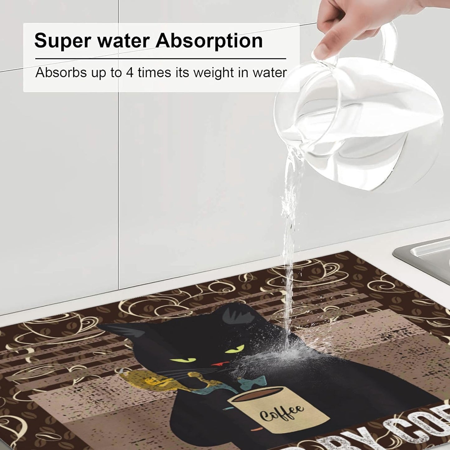 Vintage Cat Dish Drying Mat for Kitchen Counter Absorbent Reversible Retro Coffee Drying Pad Kitchen Decor Dish Drainer Rack Mats 18"x24"