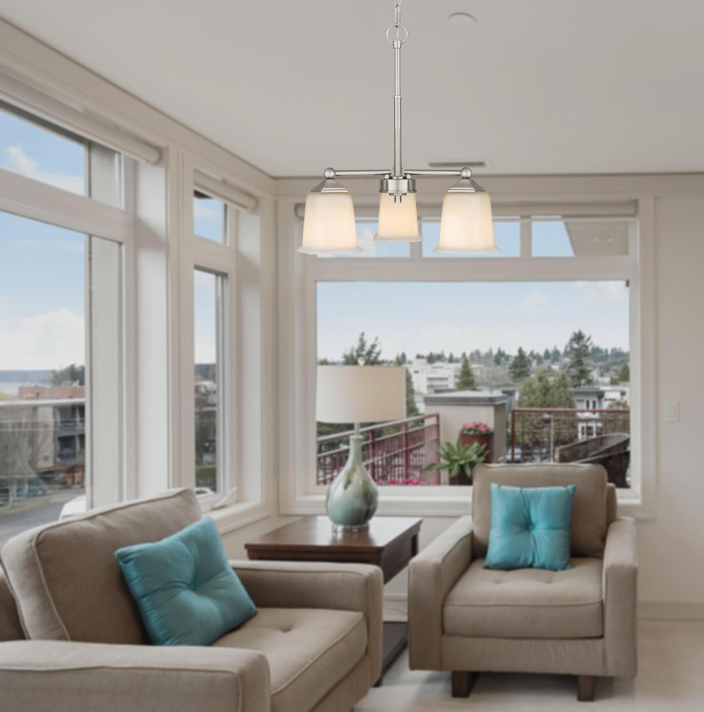 Nox 3-Light Chandelier Pendant Ceiling Light Brushed Nickle White Glass Shade Adjustable Height for Hallway, Entryway, Passway, Dining, Bedroom, Kitchen, Balcony Living Room