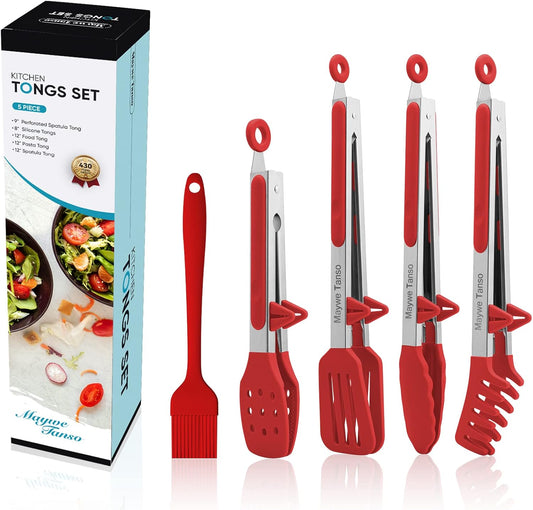 5-Pack Silicone Tongs for Cooking,Maywe Tanso 4PCS 13-Inch Kitchen Tongs with Silicone Tips,Nonstick Stainless Steel Tong for Steak Pie Pizza Pasta Spaghetti Salad BBQ Buffet,Plus Brush