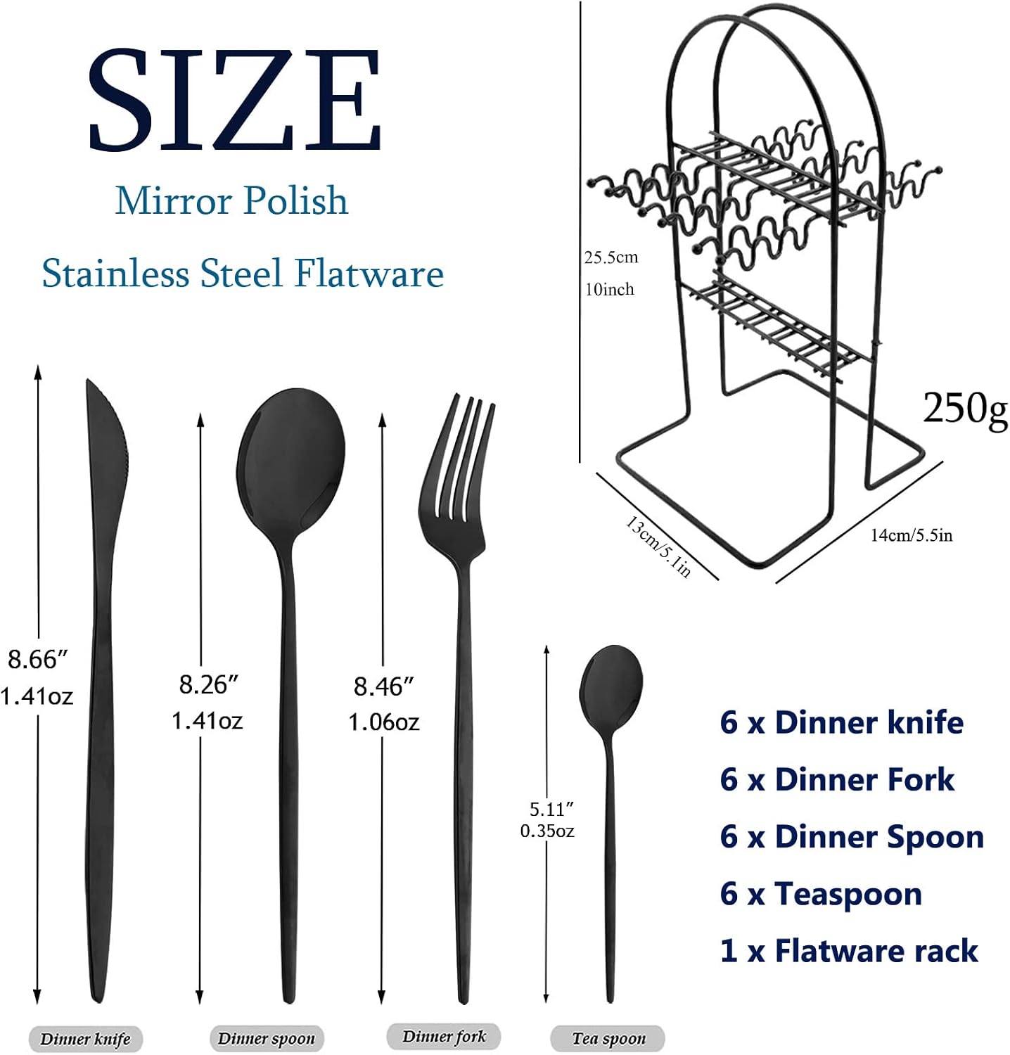 24-Piece Mirror Black Cutlery Set, Snplowum Stainless Steel Flatware Hanging Tableware Silverware Set Include Knife/Fork/Spoon/Teaspoon and Storage Rack For Daily Use, Service For 6