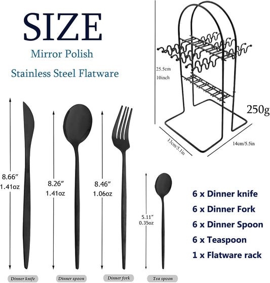 24-Piece Mirror Black Cutlery Set, Snplowum Stainless Steel Flatware Hanging Tableware Silverware Set Include Knife/Fork/Spoon/Teaspoon and Storage Rack For Daily Use, Service For 6