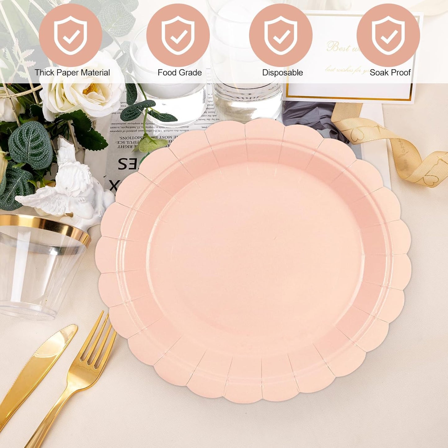 50Pcs Pink Paper Plates-7 Inch Solid Color Scalloped Disposable Birthday Dinnerware Set Disposable Dinner Party Supplies for Wedding Baby Shower Fall Pininc Birthday Table Decor