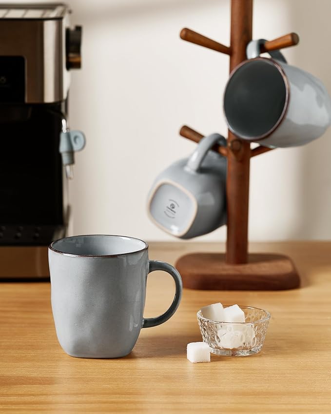 famiware Coffee Mugs Set of 4, Ocean Square 13oz Coffee Cup Set with Handle for Cocoa, Milk, Hot Chocolate, Tea, Water, Stoneware Cups for Kitchen, Microwave and Dishwasher Safe, Grey