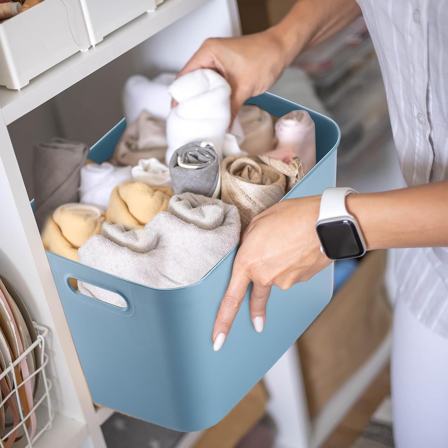Hoolerry 8 Pieces Colorful Storage Bins with Lid, Plastic Storage Basket Organizing Container Stackable Box with Handle for Shelves Desktop Playroom Office(14.2 x 10.2 x 9.5 Inch,Blue)