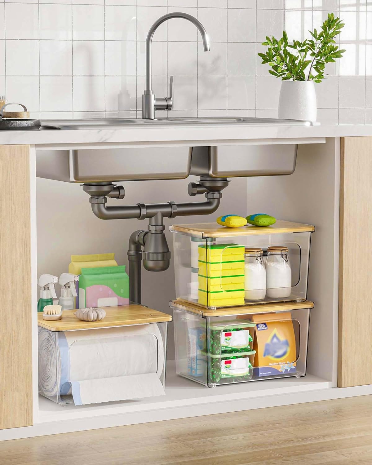 Trash Bag Dispenser Under Sink Organizer - 2 in 1 Trash Bag Holder Plastic Garbage Bags Dispenser Pods Container with Bamboo Lid, Pantry Organizers and Storage Kitchen Laundry Room Organization