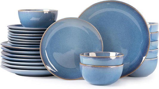 GBHOME Ceramic Dinnerware Sets for 8, 24 Pieces Stoneware Plates and Bowls Sets, Reactive Glaze Dishes -Scratch Resistant, Dishwasher&Microwave Safe-Alaskan Blue