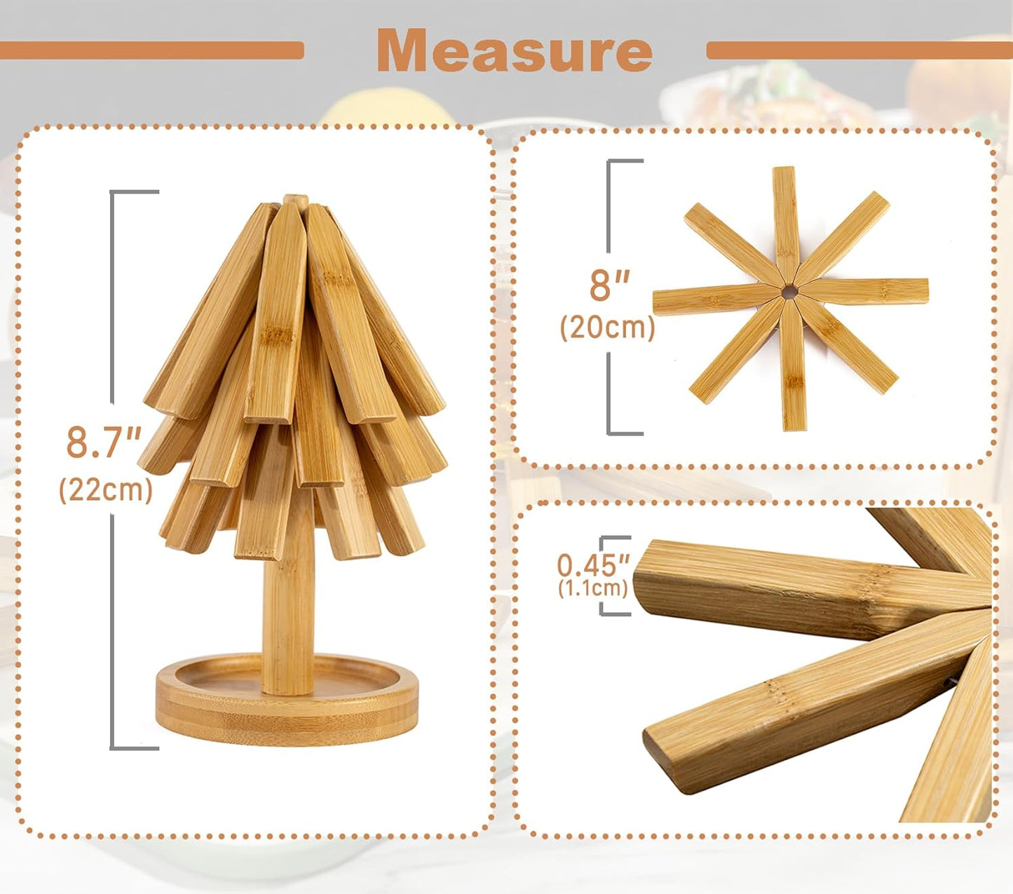 8" Bamboo Tree Trivets Set with Mini Tray (3 Trivets+1 Stand), Heat Resistant Pot Holders Serving Mats for Kitchen Countertops/Table, Bamboo