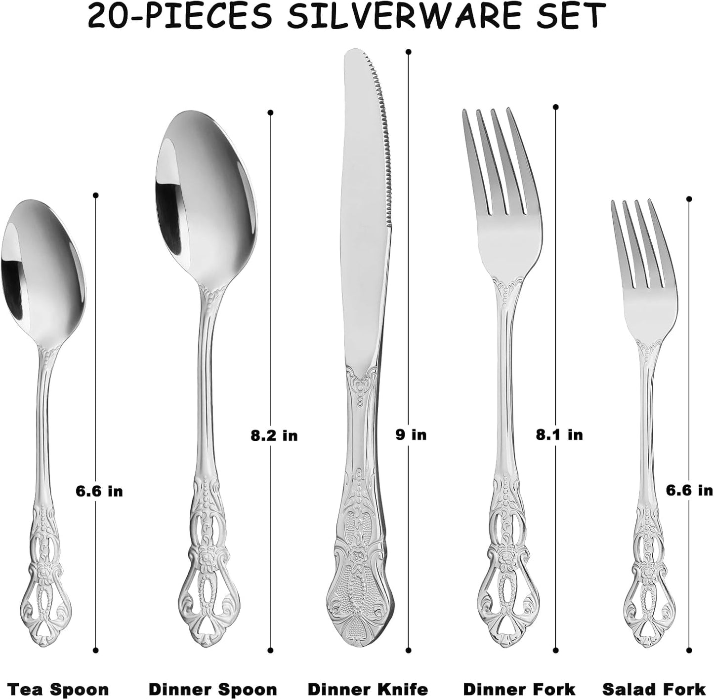 Silverware Set for 4, Stainless Steel Gorgeous Retro Royal Flatware Set, 20-Pieces Cutlery Tableware set, Kitchen utensils set Include Spoons And Forks Set, Mirror Finish, Dishwasher Safe