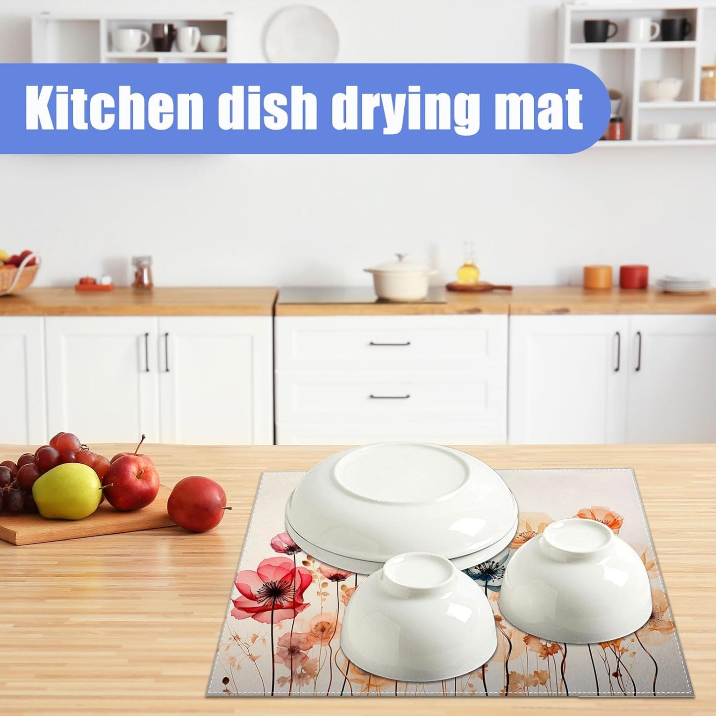 Poppy Dish Drying Mat for Kitchen Counter Wild Flower Drying Pad Absorbent Reversible Dish Drainer Rack Mats Draining Pad 18"x24"Inch