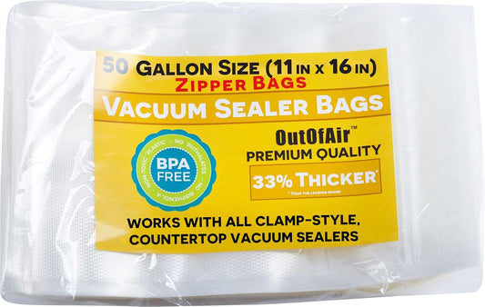 50 Gallon Size Zipper Vacuum Sealer Bags (11" x 16") OutOfAir Vacuum Seal Zip Bags, Works with FoodSaver & Other Savers, 33% Thicker BPA Free Commercial Grade Great for Snacks On The Go