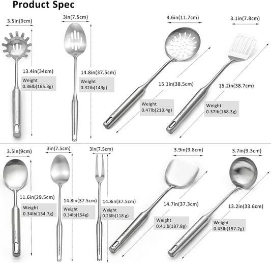 304 18/10 Stainless Steel Kitchen Utensils Set 9 Pcs Long Cooking Utensil, Spatula, Soup spoon, Leaking shovel, Ladle, Tunner, Pasta Server, Meat Fork Kitchen Tools Set (9 Pieces Set)