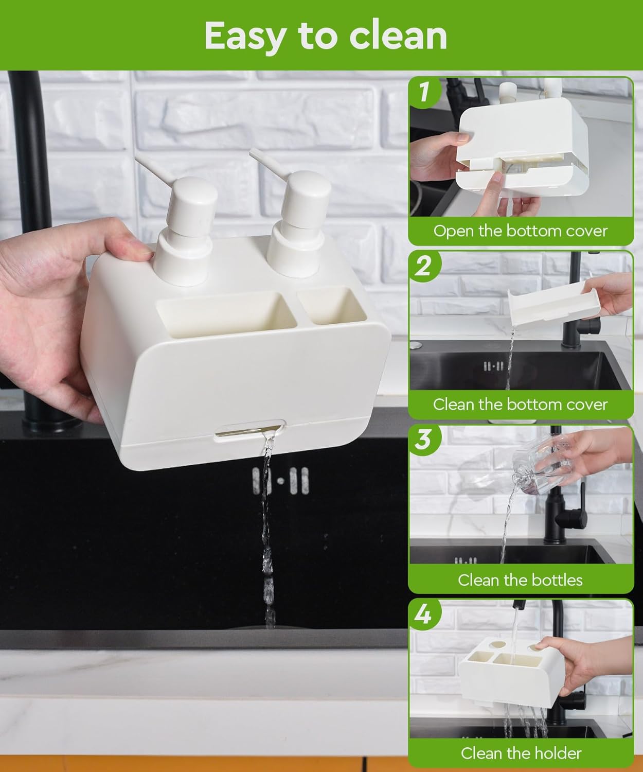 Kitchen Hand Soap and Dish Soap Dispenser Set, Dual Soap Dispenser with Sponge Caddy and Brush Holder 4-in-1 Organizer for Sink Countertop, Useful Kitchen Gadgets - White