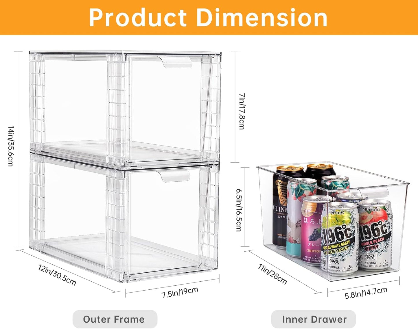 2Pack Large Stackable Storage Drawers,Clear Acrylic Organizers with Handle,Easily Assemble for Kitchen Undersink,Bathroom,Cabinet,Makeup,Closet,Medicine,Pantry Organization Bins