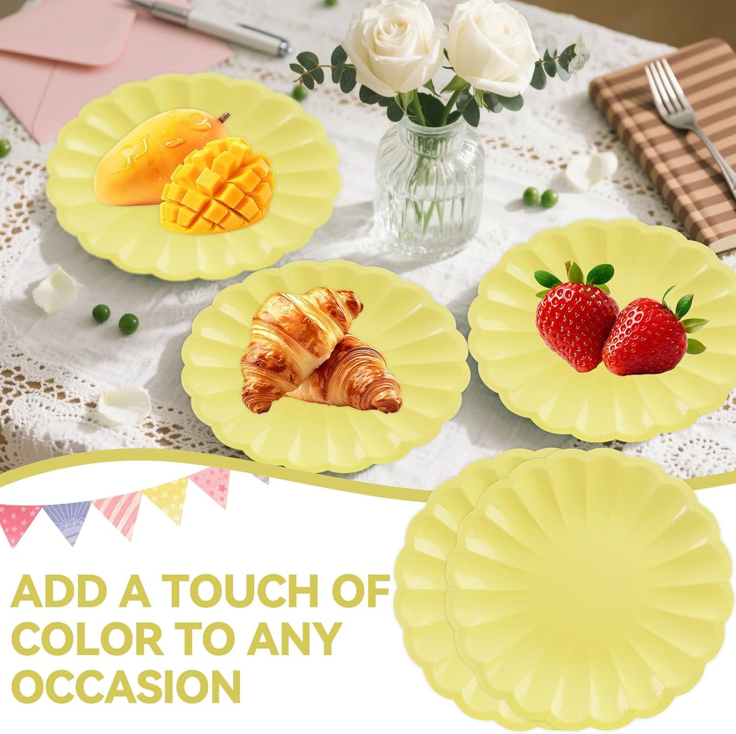50Pcs Large Scalloped Yellow Paper Plates 7Inch Shell Edge Dessert Plates for Cake Salad Fruit Disposable Dessert Serving Plates for Birthday Wedding Baby Shower Party Decorations