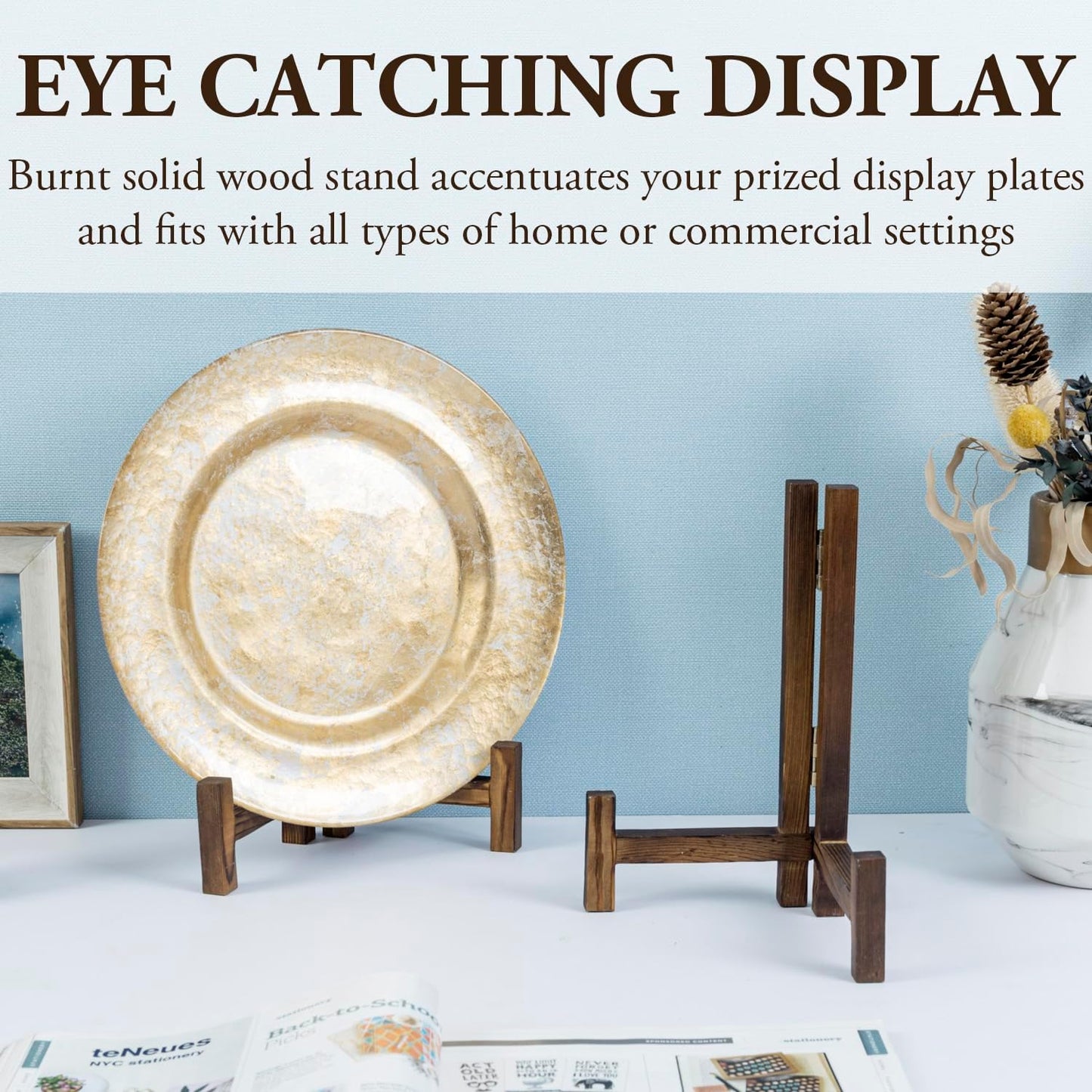 MyGift 11 Inch Plate Display Stands, Rustic Burnt Solid Wood Tabletop Racks for Collectible Plates or Saucers, Folding Picture Frame Holder Easels, Set of 2