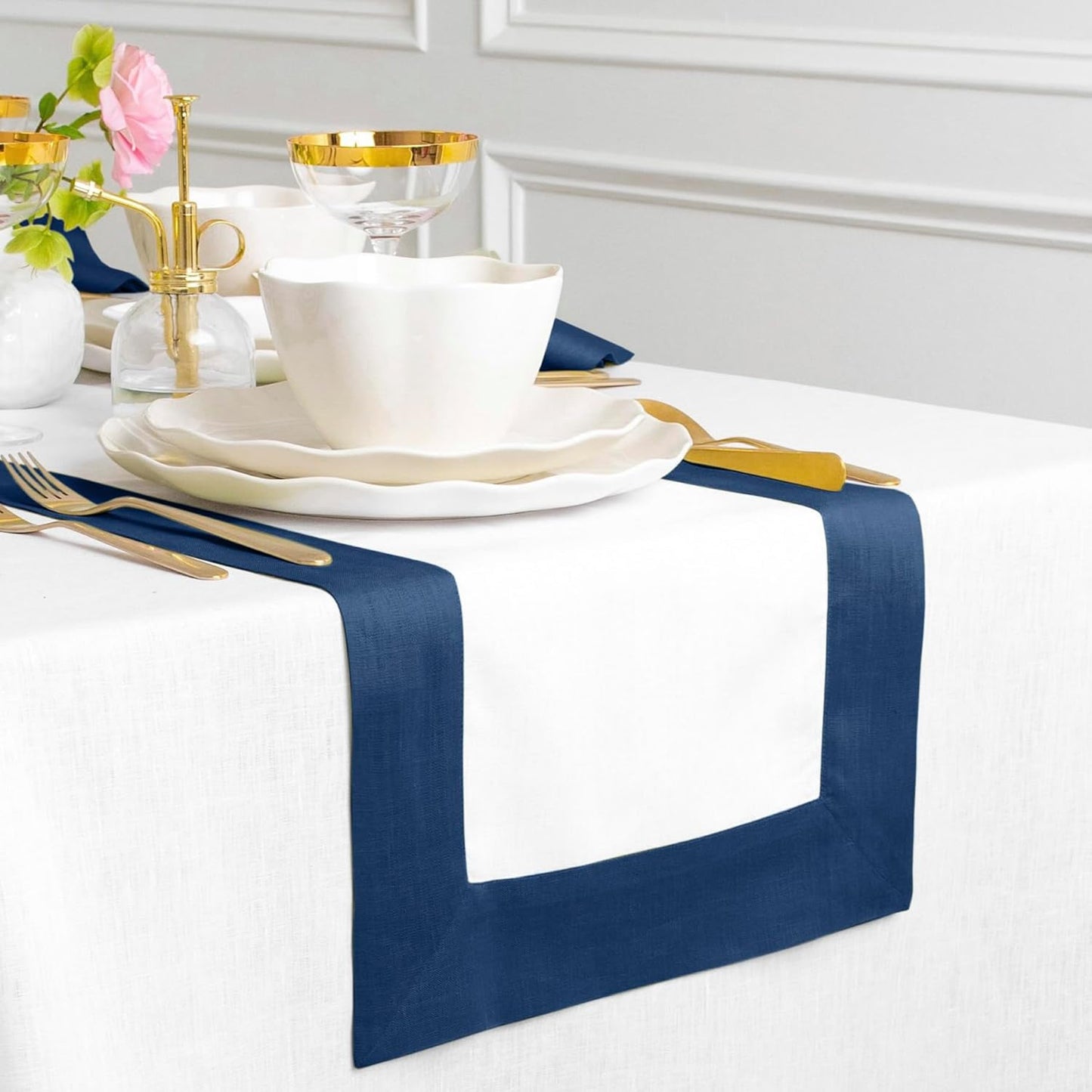 Solino Home Linen Table Runner 60 Inches - 100% Pure Linen Indigo Blue and White Table Runner 14 x 60 Inch Ideal for Dresser and Coffee Tables - Contempo - Thanksgiving