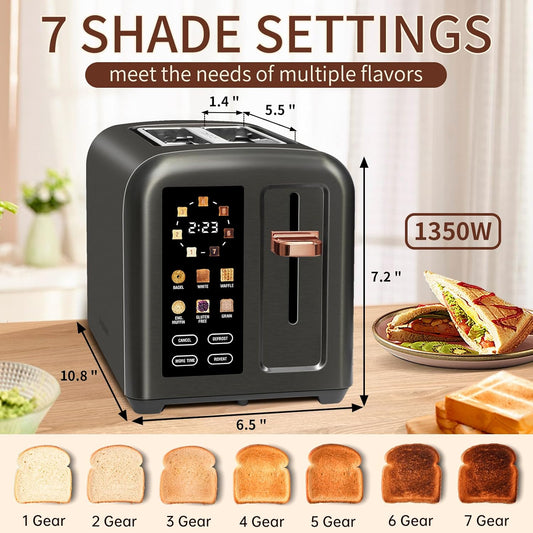 SEEDEEM Toaster 2 Slice, Touch Control Stainless Toaster LCD Display, 50% Faster Heating Speed, 1.4'' Wide Slots, More Timer Functions, Removable Crumb Tray, 1350W, Dark Metallic