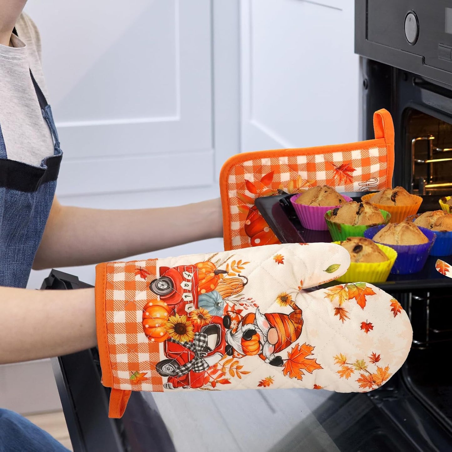 Fall Pumpkin Gnome Oven Mitts and Pot Holders Sets 4Pcs, 100% Cotton Heat Resistant, Extra Long Oven Gloves Potholder for Thanksgiving Kitchen Cooking Baking Decoration