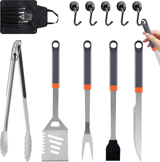 11-Piece Grill Tools Set, BBQ Grilling Accessories with Tongs & Spatua, Stainless Steel Portable Grill Tools Kit with Hooks & Apron Storage Bag for Camping, Grilling Gifts for Men Dad