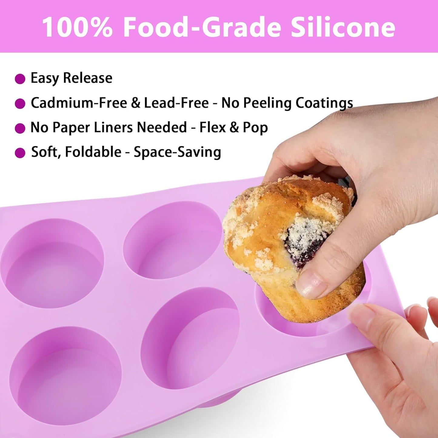 3-Pack Jumbo 6-Cup Silicone Muffin Pan - Non-Stick Baking Mold for Cupcakes, Muffin Cupcake Pans Molds for Baking, Cornbread, Eggs - Purple