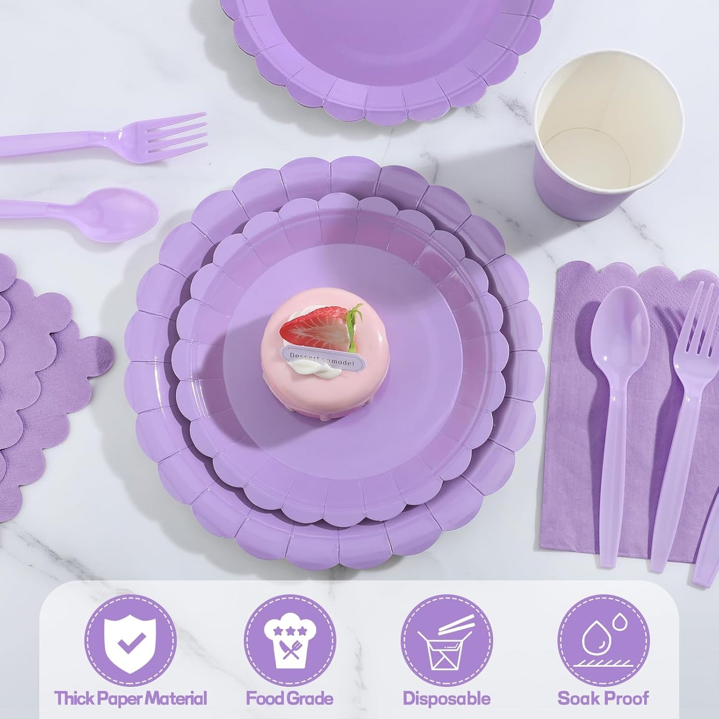 350 Pcs Lavender Paper Plates and Napkins, Easter Plates Light Purple Party Supplies Include Light Purple Scalloped Plate Napkins Cups Plastic Spoon Fork Knive for Baby Shower, Wedding, Birthday