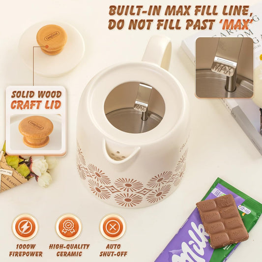 Ceramic Electric Kettle 1 Quarts, Automatic Shut Off, Porcelain Teapot, Hot Water Electric Boiler with LED Light, Boil Dry Protection, Short Spout 1000W Rapid Boiling Water for Tea Coffee